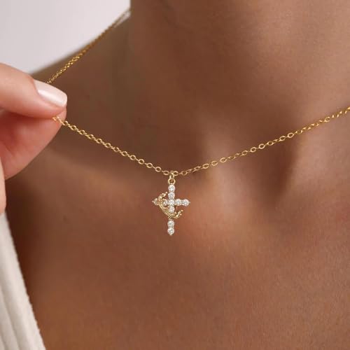 Gold Cross Necklace with Crown Charm for Women, Trendy Dainty Gold Plated Gothic Faith Diamond Cross Pendant Necklaces Non Tarnish Religious Jewelry Gift2