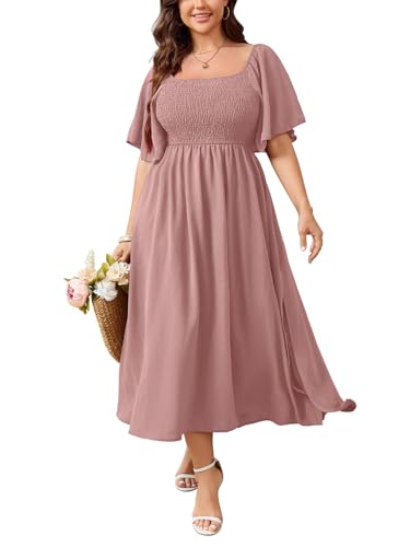 Women's Plus Size Dress Short Sleeve Square Neck Smocked Side Split Flowy A Line Long Maxi Dress