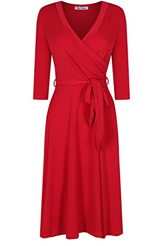 Image of Women's 3 /4 Sleeve Faux Wrap Midi Dress Knee Length Red S