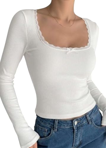 Image of Women Round Deep Neck Lace Crop Top, Full Sleeve, Korean Style, Slim Fit, Stretchable, for Party
