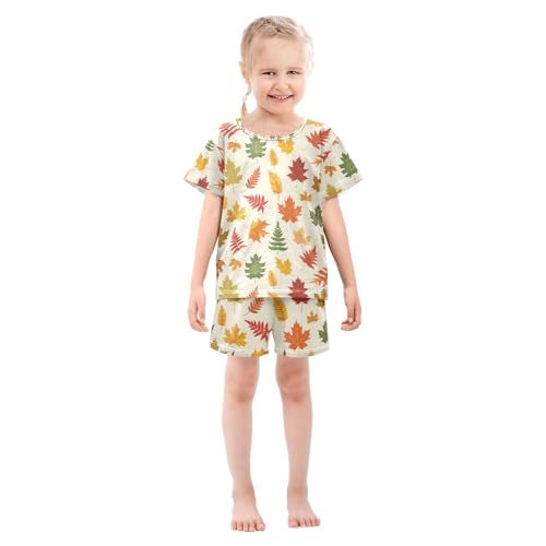 ALAZA Funny Maple Leaves Autumn Pajamas Set Short Sleeve Cotton Sleepwear Summer Pjs 2 Piece 5-14Y3