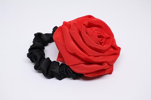 Image of Satin Scrunchies Hair Bands for Women | No-Damage Elastic Hair Ties for Ponytails & Buns | Fluffy & Stylish Rubber Bands | Free Size | Pack of 1 (Coral Red Rose)
