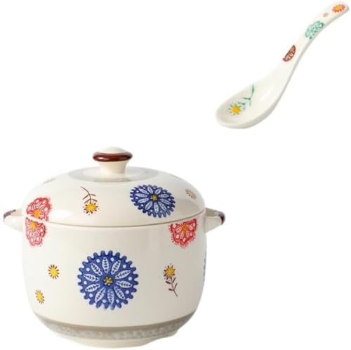 Riazdiw 茶碗、蒸し器、蒸し器、蓋付きワインカップ、両手鍋、和風スープカップ、デザートカップ、食器、陶器、お手入れ簡単 (スプーンで,1000ml,B)