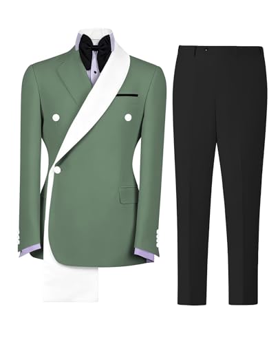 CYANDUSTY Mens Tuxedo Suits Slim Fit Double Breasted Wedding 2 Piece Sage Green Shawl Lapel Men's Formal Jacket Pants Set M