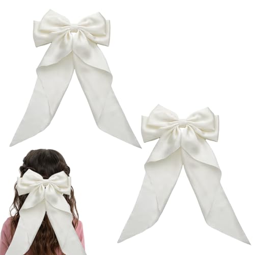 2 Piezas Pinzas de Pelo con Lazo,Pinzas Pelo Lazo,Lazos Grandes para el Pelo de Satén Largo y Sedoso,Pasadores de Cola Larga Francés,Elegantes Accesorios de Cierre para Mujeres y Niñas (Blanco)