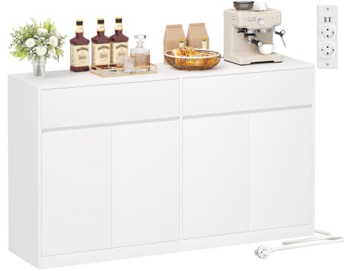 BEWISHOME Armario de cocina de 140 cm de ancho con encimera, aparador de cocina con regleta, mueble de cocina con 4 puertas, 2 cajones, estante ajustable, para salón, cocina, comedor, pasillo, color