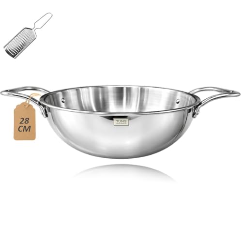 Image of TUNIS 28 Cm (4.4L) Triply Stainless Steel Kadai with Dual Handles | Heavy Gauge Induction & Gas Compatible | Bottom Deep Cooking Woks Kadhai for Frying, Sauteing & Curries | Silver