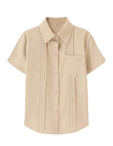 Boys Guayabera Shirt Short Sleeve Button Down Casual Shirt with Chest Pockets for Summer Hawaiian Holiday 4-13Y2