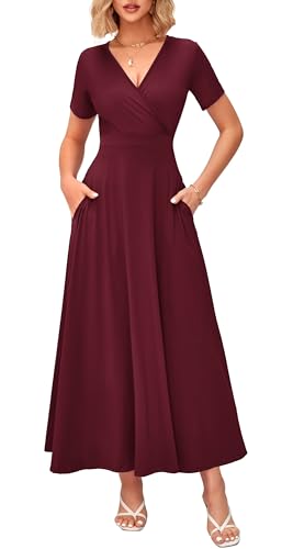 Image of WNEEDU Women's Summer Maxi Dress Short Sleeves Wrap V Neck Long Dresses with Pockets