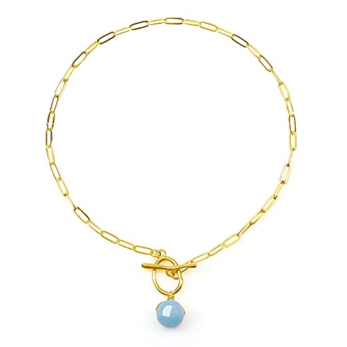 COAI Collar de Acero Inoxidable con Colgante Perla Esfera de Aguamarina Piedra Natural