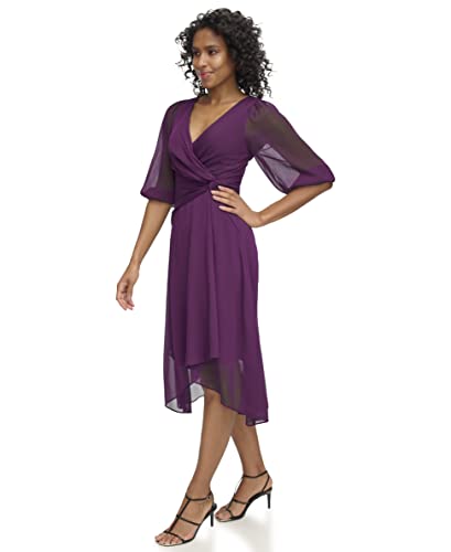 Image of DKNY Women's 3 /4 Balloon Sleeve Twist Front Chiffon Midi Dress