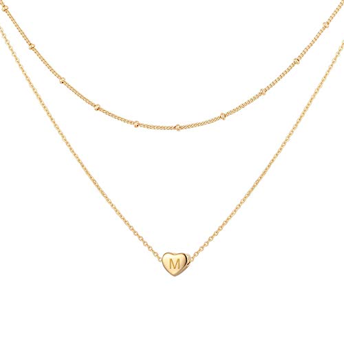 Glimmerst Layered Heart Initial Necklace for Women 18K Gold Plated Stainless Steel Beaded Chain Choker Necklace Personalized Tiny Letter Name Necklace
