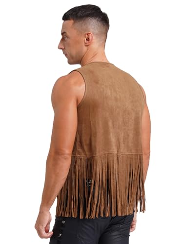 Jugaoge Men Fringe Vest Studded Detail Open Front 70s Hippie Suede Jacket Cowboy Western Tassel Tops4
