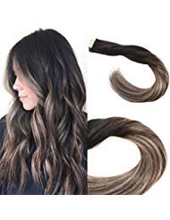 Sunny Tape in Balayage Hair Extensions 18 Inch Human Hair Extensions Balayage Straight #1B Fading to #4 and #18 Seamless Skin Weft Invisible Tape 20 pcs 50 Gram