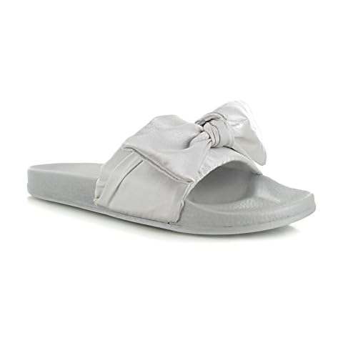 Womens Ladies Black Silver with Bow Wide Strap Thick Comfy Sponge Platform Sole Slip On Slider Sandals Shoe Sizes 3-8 UK (6 UK, Silver Satin Bow) Cover