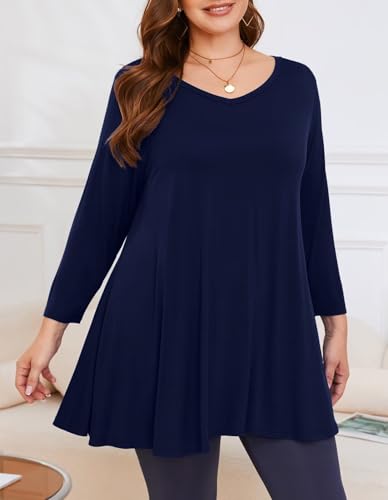 Image of LARACE Tunics 3 /4 Sleeve Plus Size Tops for Women V Neck Loose Fit Flowy Clothing for Leggings