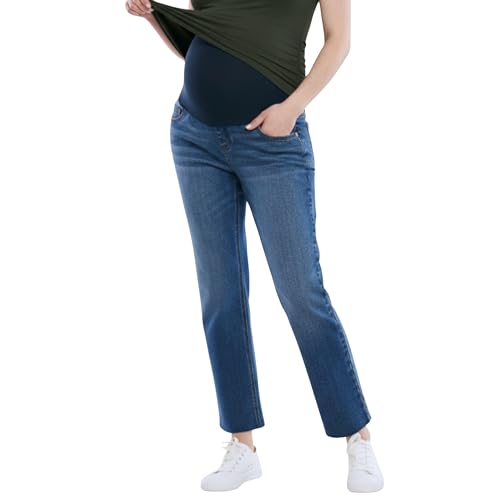Motherhood Maternity Women's Secret Fit Over The Belly Slim Straight Leg Denim Pregnancy Jeans, Medium Wash, Large