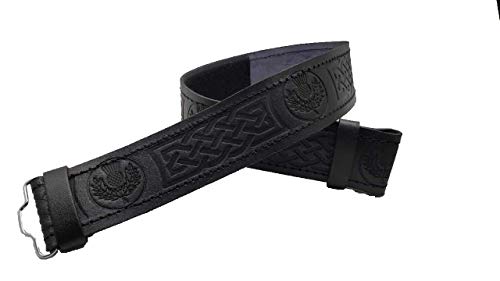 AAR Kilt Belt for Men Leather Black Thistle Embossed Design Scottish Highland S-2XL
