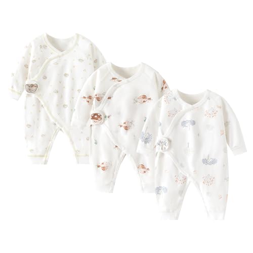 Image of IADOER Newborn Baby Romper - Unisex Cotton Bodysuit for Infant Baby Boys Girls 3 Pack Long Sleeve Button Solid Jumpsuits