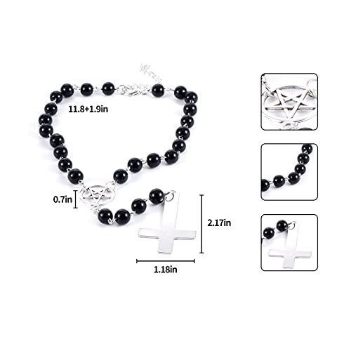 Foessd Upside Down Cross Necklace - Goth Bead Rosary Cross Choker Pentagram Faith Amulet Protection Lucky Necklaces Jewelry Graduation Christian Party Gifts For Mother Girls Women #TOP5