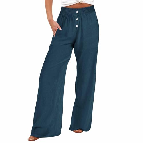 Wide Leg Pants for Women Summer Button Elastic High Waisted Palazzo Pants Baggy Lounge Long Trousers with Pockets