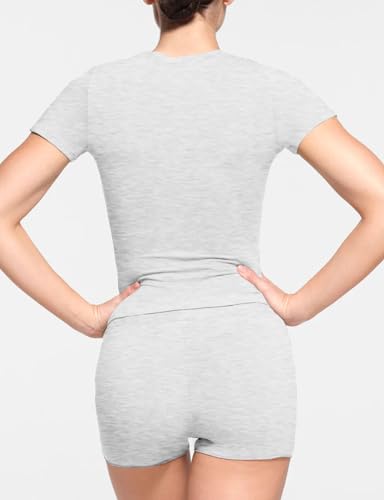 NANKEYSTAR Women's Shorts Pajama Sets Short Sleeve Crop Tops And Shorts Lounge Sets Sleeping Garments(012GR,L) Grey3