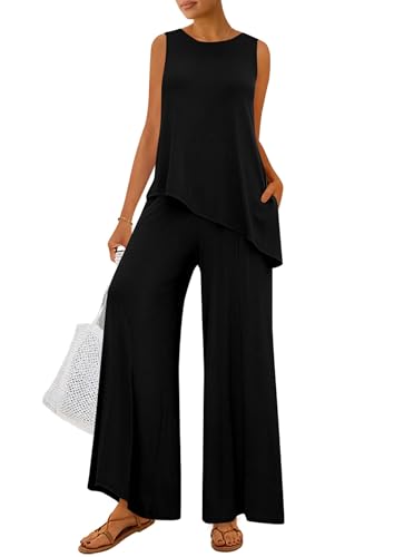 PRETTYGARDEN Women's 2025 Two Piece Matching Lounge Sets Asymmetrical Split Tank Tops Wide Leg Pants Summer Outfits Tracksuit