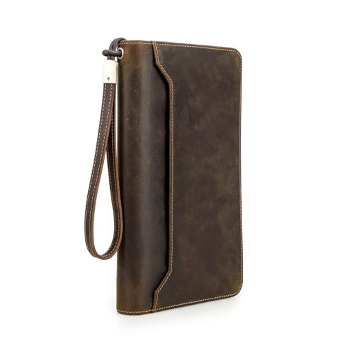 CONTACTS Carteira Longa Masculina em Couro Legítimo, 6 Porta-Passaportes, Bolsa de Mão com Alça, Bolsa Clutch com 8 Porta-Cartões, Slot para Celular e AirTag, Porta-Moedas, Proteção RFID, Luxo–Marrom