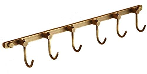 WINCASE Antique Brass Hook Rack, 6 Hooks Coat Rack, Bath Wall Hook Rack Vintage Mounted Brushed Brass Bathroom Row Hooks Rustic Towels Coats Hooks