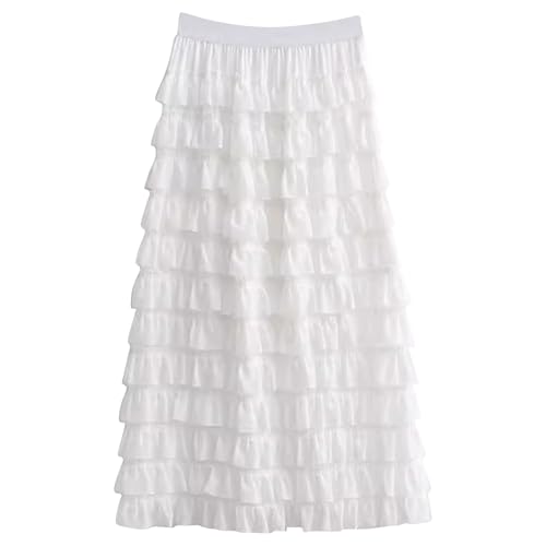 HGps8w Long Maxi Tulle Skirts for Women Elegant A Line Ruffle High Waisted Tiered Layered Mesh Tutu Skirt Petticoat