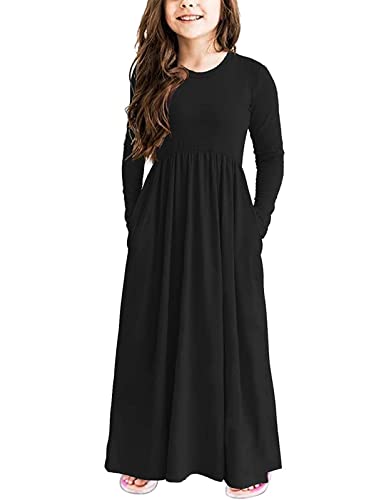 21KIDS Girls Maxi Dress Kids Solid Long Sleeve Casual Dresses with Pockets for Girls 6-12 Years