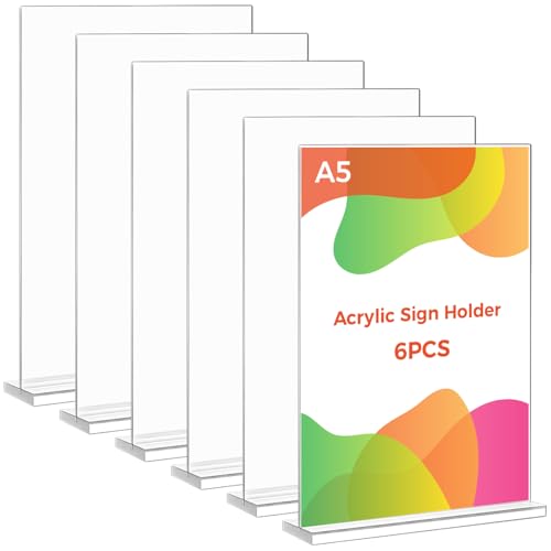 Thboxes A5 Acrylic Sign Holder 6 Pack T-Shaped Double-Side Display Stand Poster Holder Clear A5 Menu Holders for Office Hotel Store Restaurant