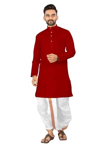 Image of UNIQUE MOMENTS Men's Cotton Dhoti Kurta Set with Full Sleeves Solid Pattern Modern Style and Mandarin Collar Neck | Perfect for Puja & Celebrations