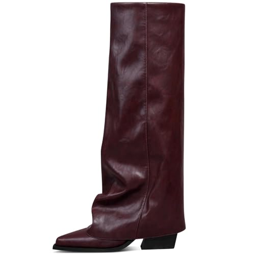 Image of Women's Fold Over Knee High Boots Wide Calf Chunky Heel Long Boots | Women Pointed Toe Tall Boots, Fashion Slouchy Boots, Side Zipper Shark Boots, Dress Tall Boots for Fall Spring Winter