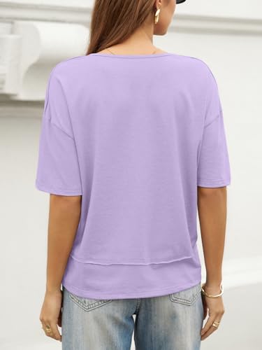 Image of UNCLECAT Womens V Neck T Shirts Summer Trendy Loose Fit Casual Tops Tees | Short sleeve, Spliced hem, Flowy graphic tees,Solid color cute basic t-shirts