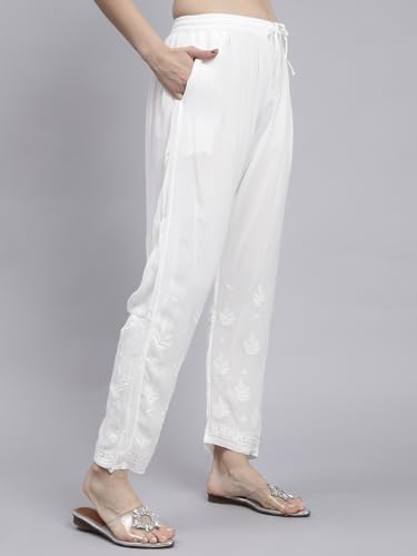 Image of Seva Chikan Hand Embroidered Lucknowi Chikankari White Viscose Georgette Trouser Palazzo for Women SCL11027