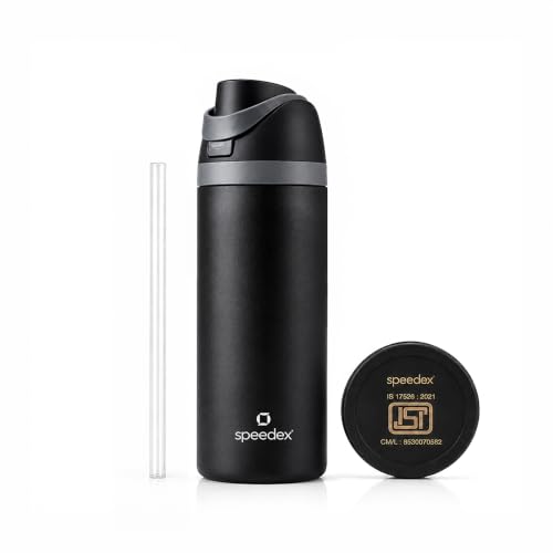 Image of Speedex Coral 500 Stainless Steel Vacuum Insulated Water Bottle 650ml | Thermosteel Flask | Hot 18Hr Cold 24Hr | Flip Straw Lid Sipper | Kids Boys Girls Men Women Office School Gym Travel | Black