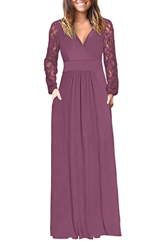 Image of AUSELILY Womens Lace Long Sleeve Maxi Dress V Neck Wrap Waist with Pockets | Lace sleeves, cross-wrap neck flatters, hidden pockets, floor-length maxi for year-round