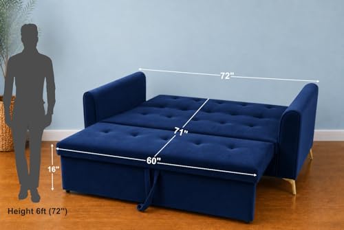 Image of Adorn India Premium Mystic - 3 Years Warranty - 3 Seater Sofa Cum Bed Velvet Suede Fabric - Blue