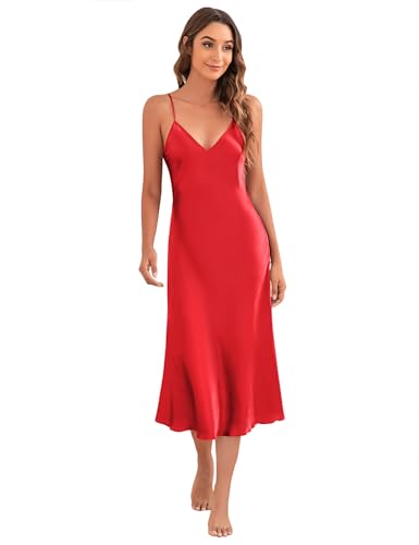 Image of Litherday Silk Nightgown for Women Long Satin Slip Dress Nightdress Silky Chemise Nightie Soft V Neck Nightwear