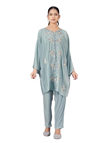 Ensemble de lacets pour femme bleu aigue-marine : tunique brodée et pantalon Womanista