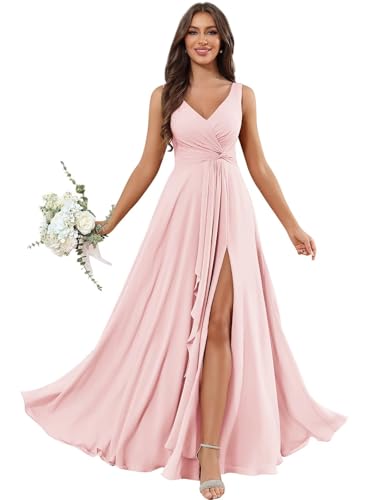 Chiffon Bridesmaid Dresses with Pockets Pleated Ruffle Sleeveless A Line Formal Evening Gown with Slit