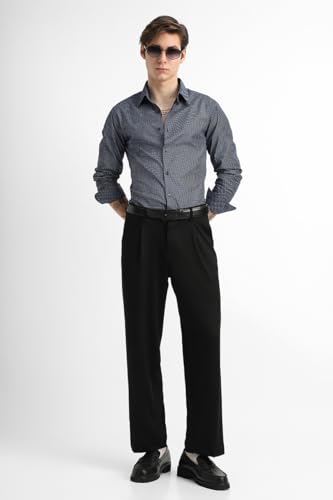 Image of SNITCH Men Casual Trousers | Loose Fit Pleated Front Plain Wide-Leg Style | Lightweight Polyester Blend Medium-Stretch Fabric for Summer & All-Day Comfort Wear