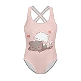WELLFLYHOM Cute Cat Girls' One Piece Swimsuits 7-8 Kawaii Kitten Swimwear Pink Cross Back Strap Bathing Suits for Beach Swimming Pool
