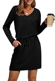 OFEEFAN Black Dresses for Women V Neck T Shirt Long Sleeve Casual Rompers for Women Tie Waist Sundresses with Pockets L