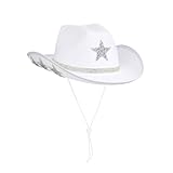 Yuedefly Multifunktionaler Westlicher Cowboy Hut, Weißer Cowgirl Hut mit Glitzer Stern Design, Weitrandiger Cowgirl Hut,Perfekt für Festivals,kostümierte Veranstaltungen, Cosplay und Musikkonzerte