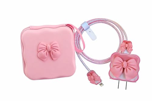 Image of CERLINK Charger Protector Combo Set for iPhone 18W /20W with Cute Protective Cover & Zipper Storage Pouch | Stylish Charging Accessory Gift Set (Pink Bow)