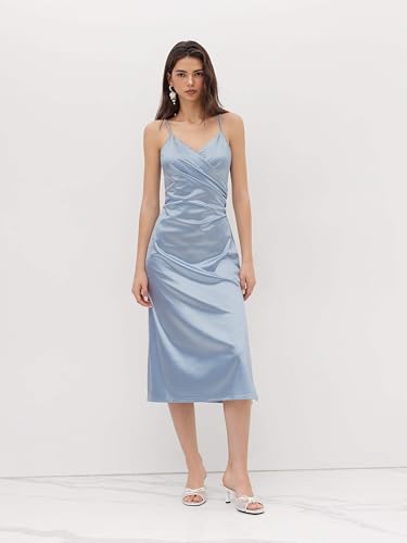 Image of CIDER Womens Satin Dress Sleeveless Spaghetti Strap V Neck Ruched Side Slit Semi Formal Party Club Dresses
