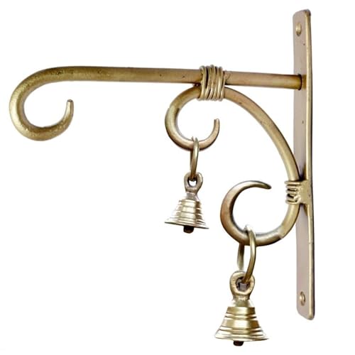 Image of Antique Brass Wall Bracket with Bells | 7.5 Inch Heavy Duty Metal Hanging Hooks (Pack of 1) for Plants, Lanterns, Bird Feeders & Wind Chimes | Indoor Outdoor Decor