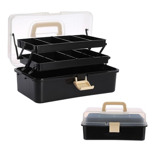 Image of BTSKY 3-Layer Plastic Dividing Storage Box Craft Organizer and Storage | Portable Handled Art Supply Organizer with Adjustable Spacers Multipurpose Home Utility Box for Medicine Sewing(Black+Beige)